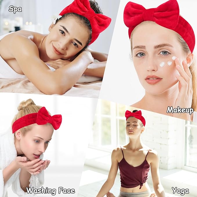 Casoty 10 Pcs Red Makeup Headbands, Hair Band for Washing Face, Soft Coral Fleece Makeup Headband for Women Girls, Bow Hair Bands, Towel Headbands for Face Washing Shower Skin Care Yoga