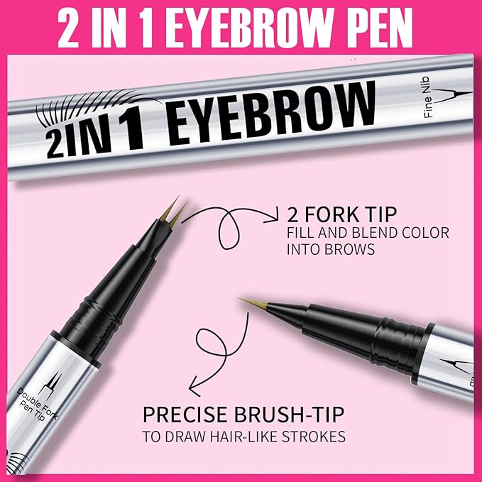 Eyebrow Pen, Waterproof 2-in-1 Dual-Ended Microblading Eyebrow Pencil Upgraded Eye Brow Pen with 2 Fork Tip for Natural-Looking Hair-Like Defined Brows, Last All-Day (Light Brown)