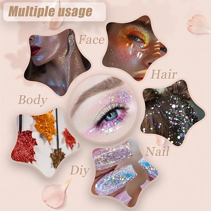 Face Body Glitter, Hair Glitter Sparkles Chunky Face Glitter Gel for Girls Makeup Singer Concerts Mermaid Festival Sequins Face Paint (3pc Light Blue)