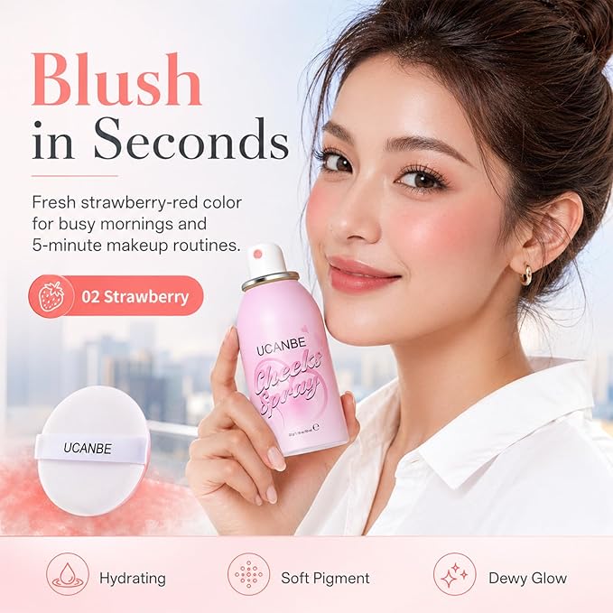 UCANBE Blush Spray with Puff, Hydrating Liquid Blush Mist for Cheeks - Soft Pigmented Buildable Blendable Breathable Blush, Healthy Dewy Glow Finish, Talc-Free, 02 Strawberry (1.16 oz)