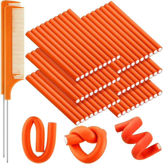 WILLBOND 60 Pieces Flexible Curling Rods Hair Curlers Rollers Twist Flexi No Heat Rods Rollers for Long Short Hair Women(0.7 x 9.5 Inch,Orange)
