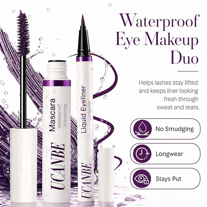UCANBE Purple Mascara and Liquid Eyeliner Set, Waterproof Colored Eye Makeup Duo - Enhance Your Gaze with Natural Lasting Lift & Curl for Lashes and Pigmented Smudge-Proof Eye Liner