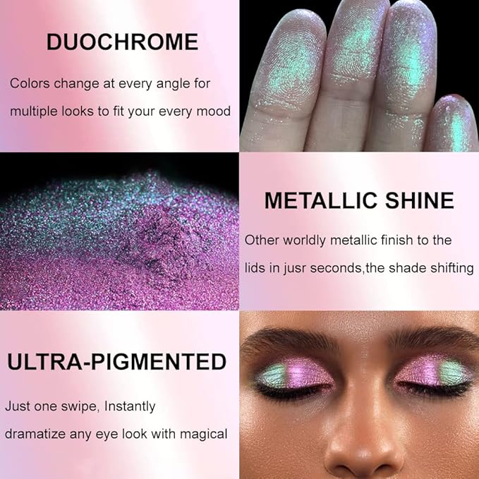 Pink Green Glitter Eyeshadow, High Pigment Sparkle Duo Chrome Eyeshadow with Intense Color Shifting Pink to Green,Smooth Long Last Mineral Chameleon Multichrome Eye Shadow for Eye Glitters/Highlighter