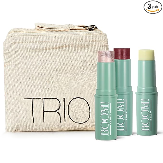 Boomstick Trio ® Color 3 Pack Cream Blush Makeup, Color Blush Stick, Highlighter Stick & Moisturizer for Cheeks, Eyes & Lips, Blendable Vegan Boom Sticks by Cindy Joseph for Older Women, BOOM Beauty