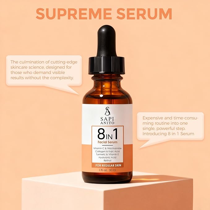 Sapi Anito 8-in-1 Facial Serum for Regular Skin, 1 fl oz (30 ml) – Vitamin C, Niacinamide, Hyaluronic Acid, Retinol, Kojic Acid, Turmeric, Vitamin E & Collagen