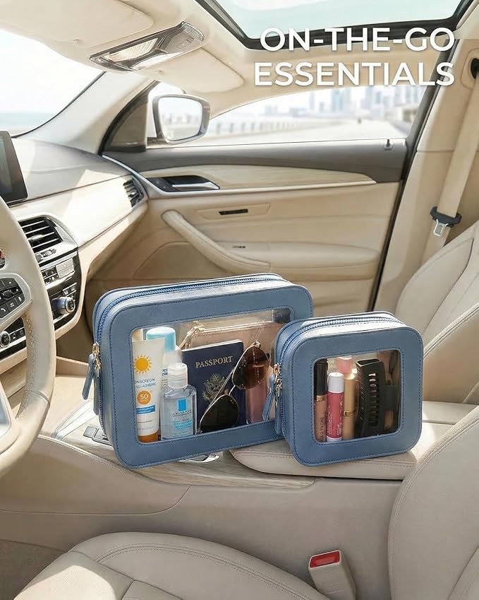 LETGO Clear Makeup Bag Organizer Set, Travel Toiletry Bag for Women, Waterproof Cosmetic Pouch with Zippers, Car Accessories Organizers and Storage Case (2Pack-Standard&Square, Blue)