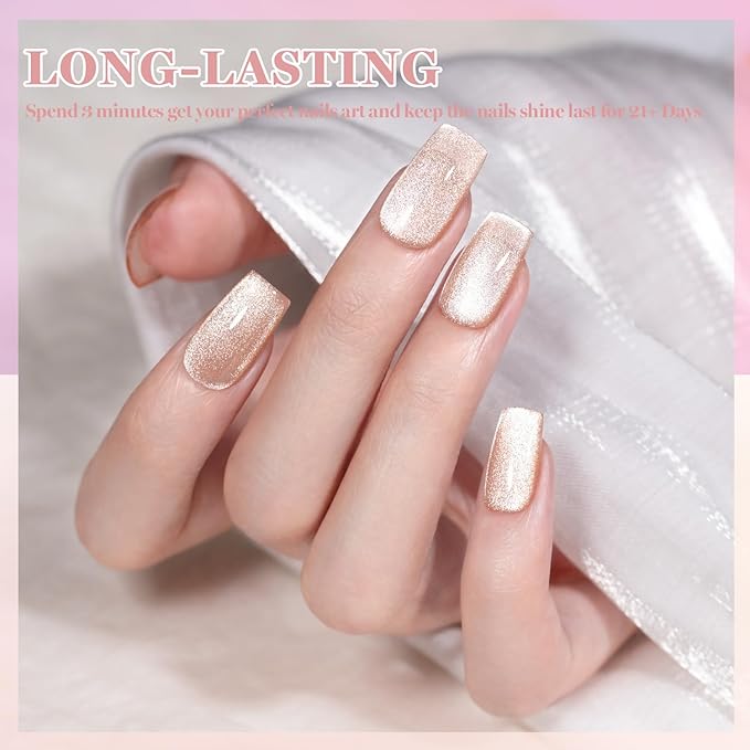 RARJSM Moonlight Silky Diamond Cat Eye Gel Nail Polish Set 6 Colors Nude Purple Pink Champagne Orange Red Sparkle Cateye Glitter Gelpolish with Magnet Stick Curing Requires Home Salon