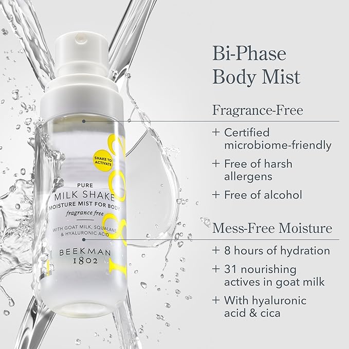 Beekman 1802 Milk Shake Hydrating Body Mist – Alcohol-Free Moisture with Goat Milk, Hyaluronic Acid & Squalane, Lightweight Skin Softening Spray for Sensitive Skin – Pure, 4.7 Fl Oz