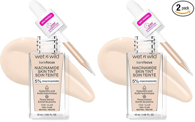 wet n wild Bare Focus Skin Tint, 5% Niacinamide Enriched, Buildable Sheer Lightweight Coverage, Natural Radiant Finish, Hyaluronic & Vitamin Hydration Boost, Cruelty-Free & Vegan - Fair (Pack of 2)