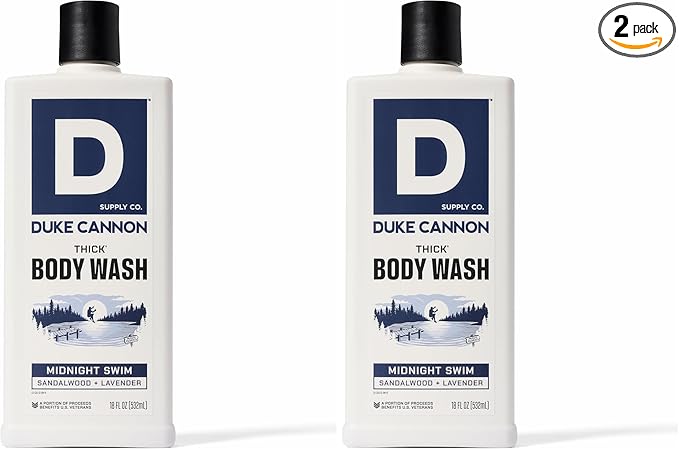 Duke Cannon Supply Co. Thick High Viscosity Body Wash - 3X Thicker, Plant-Based, Mineral-Enriched Body Wash for Men - Sandalwood and Lavender - Mens Body Scrub - Midnight Swim (18 oz) (Pack of 2)