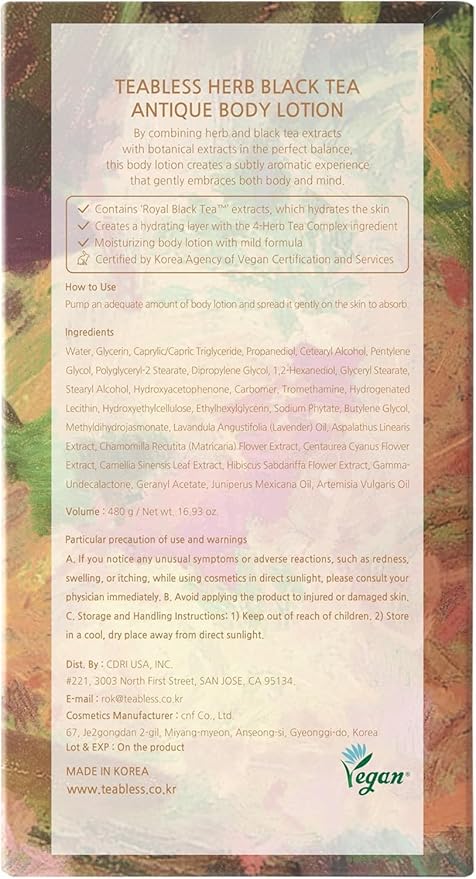 TEABLESS Antique Body Lotion Herb Black Tea, Daily Moisturizer for Dry Skin & Sensitive Skin, Non-Greasy, Korean Skin Care 16.93oz