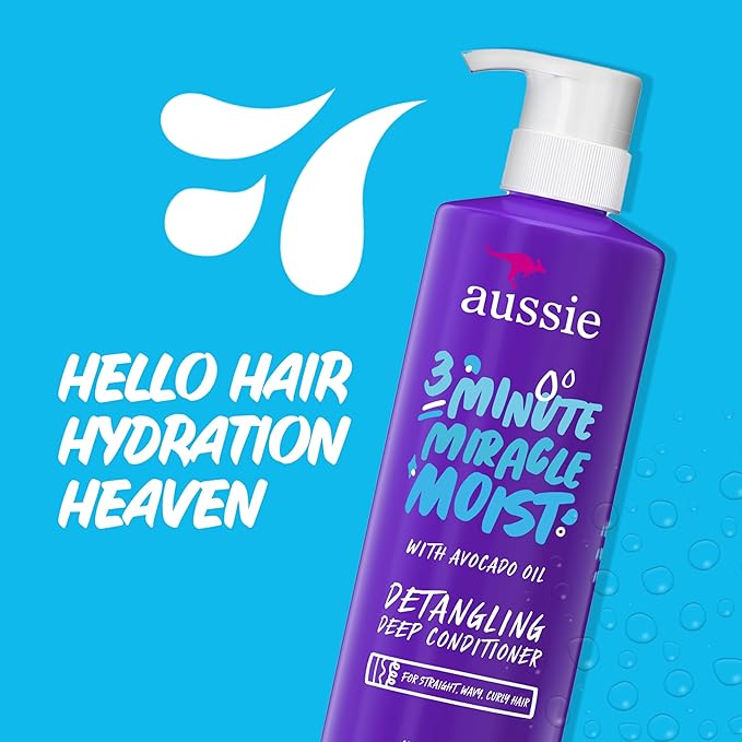 Aussie 3 Minute Miracle Moist Deep Conditioner for Dry Hair, Avocado & Jojoba Oil, Safe for Color Treated Hair, Nourishing Hydration, Silky Shine, Paraben-Free, 16 Fl Oz Each, Triple Pack