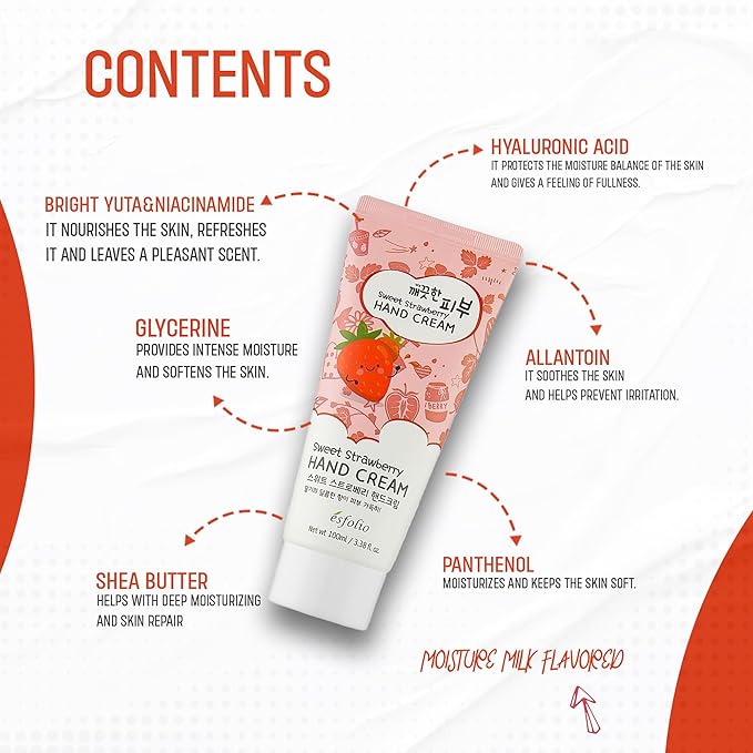 esfolio Sweet Strawberry Hand Cream – Moisturizing Korean Hand Lotion with Strawberry Extracts – Softens, Hydrates & Smooths Dry Skin – Lightweight Non-Greasy Formula (3.38 OZ/100ML)