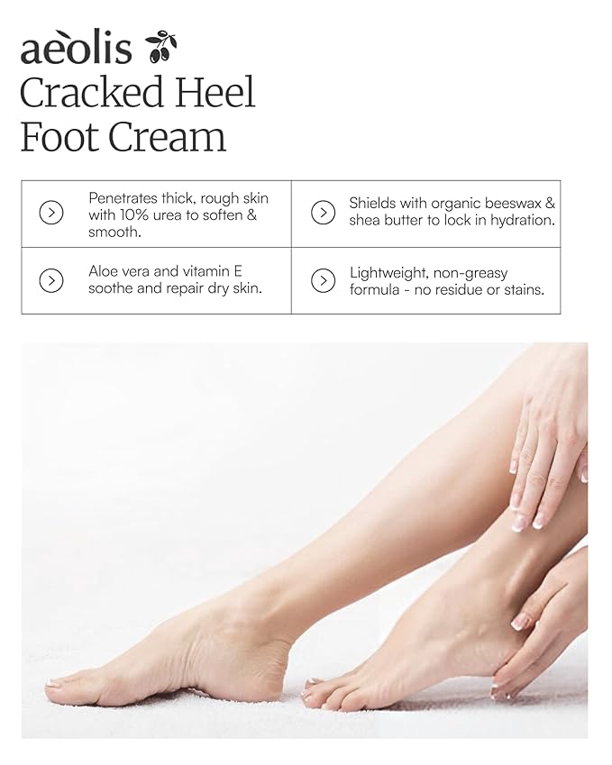 AEOLIS 10% Urea Foot Cream for Cracked Heels (2.03 fl oz), Beeswax, Shea Butter, Aloe Vera & Vitamin E Deep Moisturizing Care for Rough Feet Dry Heels Treatment & Softening