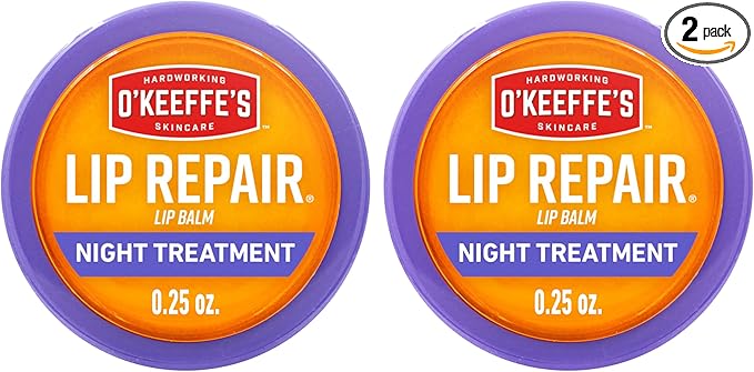 O'Keeffe's Lip Repair Night Treatment Lip Balm for Dry, Cracked Lips - 0.25 Ounce Jar (2 Pack) - Moisturizer for Extremely Cracked, Dry Lips