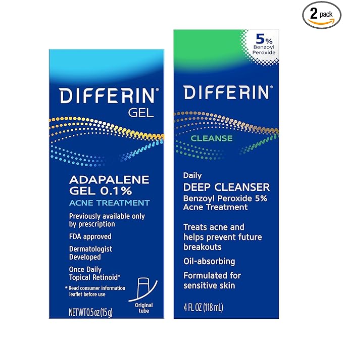 Differin Acne Skin Care Kit, Differin Gel Retinoid Acne Treatment for Face with 0.1% Adapalene & 5% Benzoyl Peroxide Face Wash & Body Wash, Designed for Pimple and Acne Prone Skin