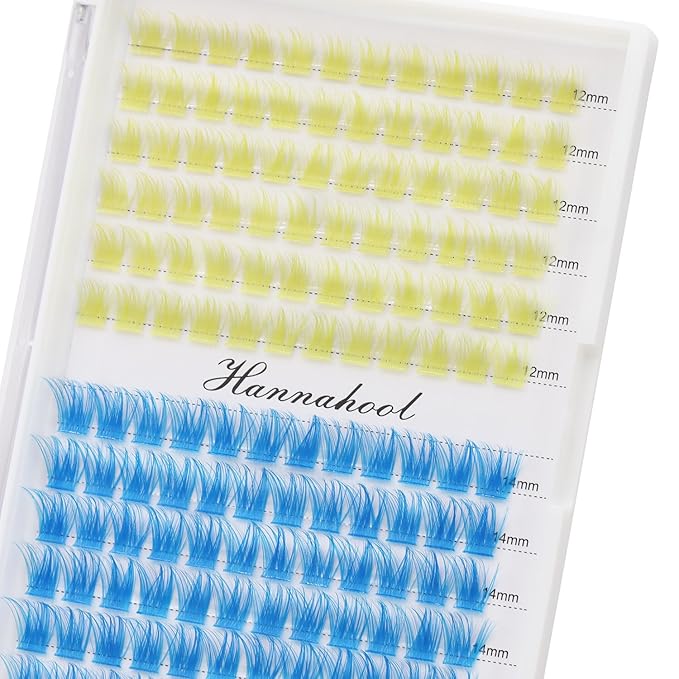 12rows-Large Tray Mixed 8-10-12-14-16mm/Mixed 14-15-16mm/Mixed14mm-16mm/Mixed 18-20mm Wide Stem Individual False Eyelashes Dramatic Black Cluster Eyelashes (T50-yellow-blue-12-14mm)