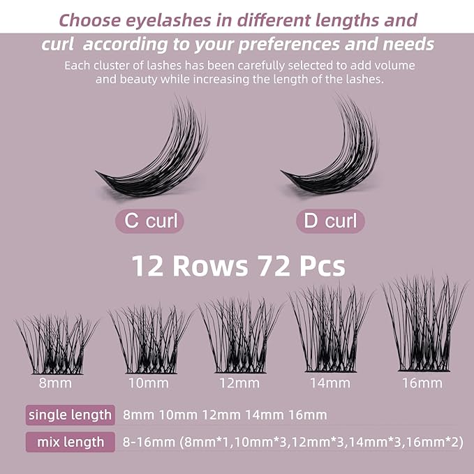 QUEWEL Cluster Lashes 72 Pcs Wide Stem Individual Lashes C/D Curl 8-16mm Length DIY Eyelash Extension False Eyelashes Soft for Personal Makeup Use at Home (natural02-C-16)
