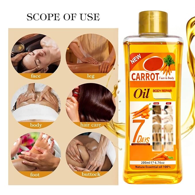 Carrot Oil for Massage and Skin Moisturizing, Lightweight Hydrating Body Oil for Dry Skin, Spa Body Care Oil with Carrot Extract, 200ml / 6.76 fl oz