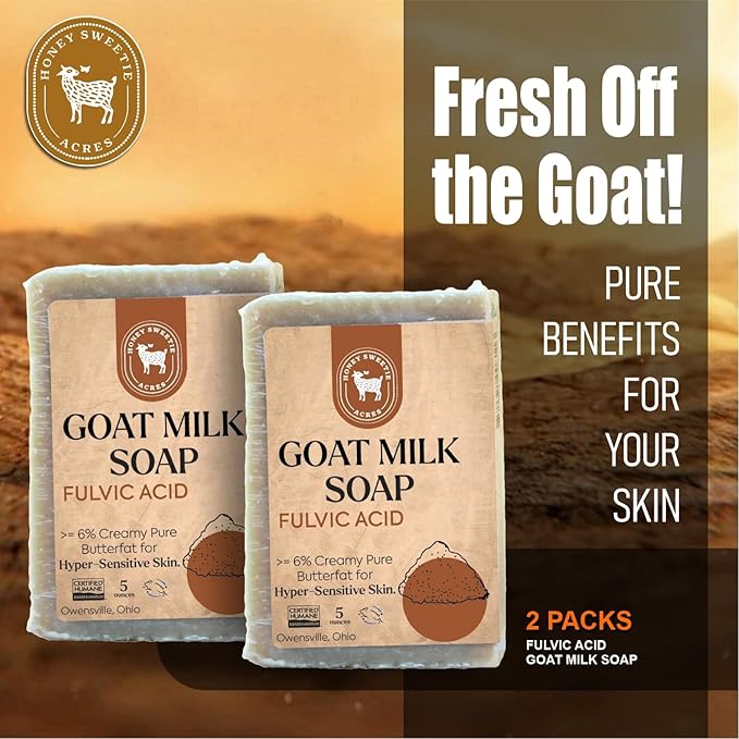 Honey Sweetie Acres 2-Pack Fulvic Acid Goat Milk Soap - Handmade 5 oz Bar, Made with Natural Ingredients, Moisturizing & Gentle, Made in the USA