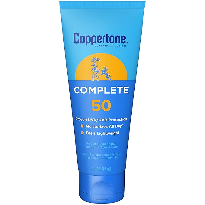 Coppertone Complete Sunscreen Lotion SPF 50, Face and Body Sunscreen, Lightweight, Water Resistant, 7 Fl Oz