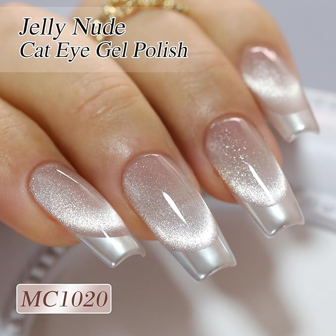 Double Rhythm Cat Eye Gel Polish with Magnet 15ML Holographic Glitter Shimmer Color 0.5 OZ Magnetic Salon DIY at Home (Champagne Nude-MC1020)