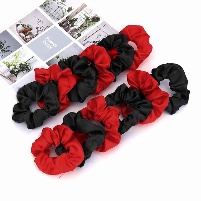 Silk Satin Scrunchies for Women Girls 12 PCS Black & Red Hair Scrunchies Silk Satin Hair Ties for Thick Hair Bulk Hair Ties Hair Accessories