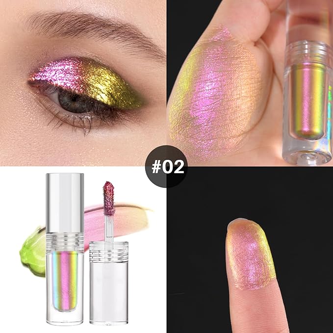 Multichrome Glitter Liquid Eyeshadow, Chameleon Shifting Color, Holographic Metallic Eyeshadow, Long-Lasting Wear, Vegan Eye Topper for Party, Daily Makeup (#02)