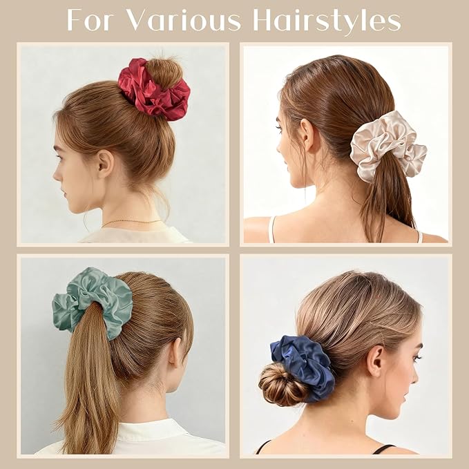 Lolalet Big Satin Scrunchies for Women, 5.9 Inch Large Oversized Scrunchie, Soft Jumbo/Giant Scrunchies Hair Ties for Thick & Curly Hair -4 Pack, Cream/Green/Navy Blue/Red