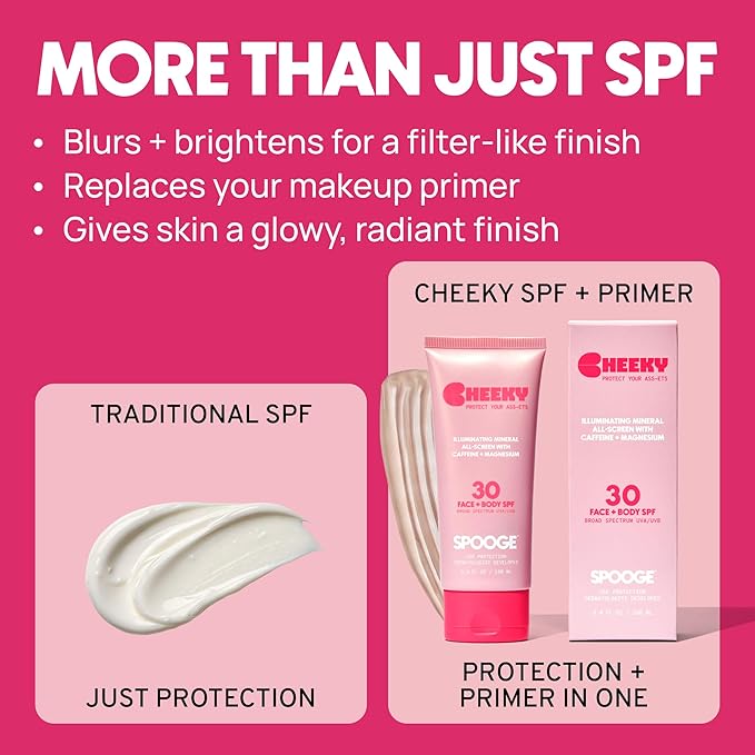Cheeky | Shimmer Mineral Sunscreen SPF 30 | Zinc Oxide Sunblock | Glitter Sunscreen For Face & Body | Caffeine Infused Formula | Dermatologist Developed | Reef Safe Sunblock | 3.4oz