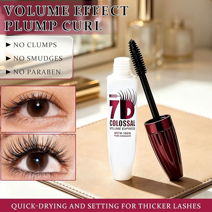 7D Waterproof Mascara 2pack,Volumizing&Lengthening Mascara, Long Lasting Smudge Proof Mascara,Black Buildable Thickening Mascara for Eyelashes,Thickening Eye Makeup for Defined Curl,For Women and Girl