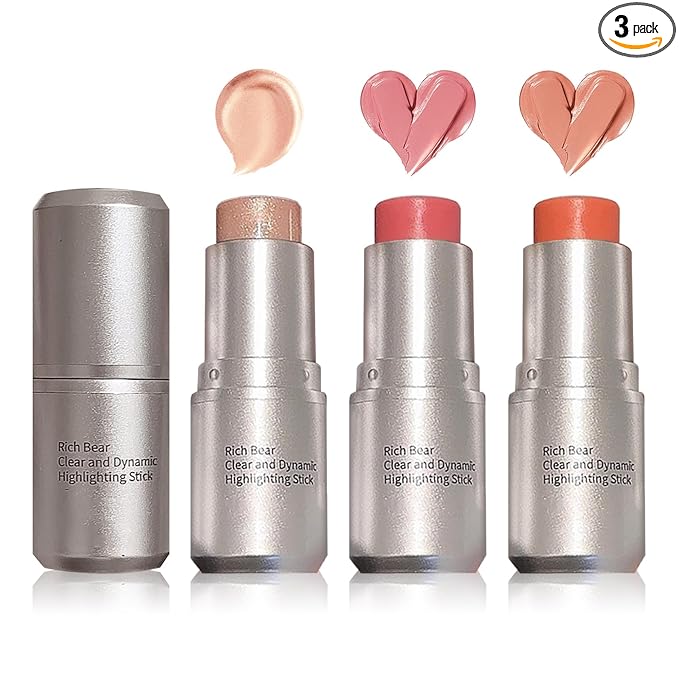 3 Colors Blush Stick,Solid Cream Blush,Multi-Use Highlighter Blush Stick for Cheeks,Lips and Eye,High Pigmented Blush Makeup Stick Set C
