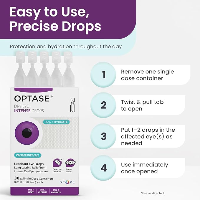 Optase Dry Eye Intense Drops, 30 Single Dose Vials – Preservative Free Eye Drops for Dry Eyes – Moderate to Severe Artificial Tears - Contact Lens Compatible - .01 fl oz per Vial