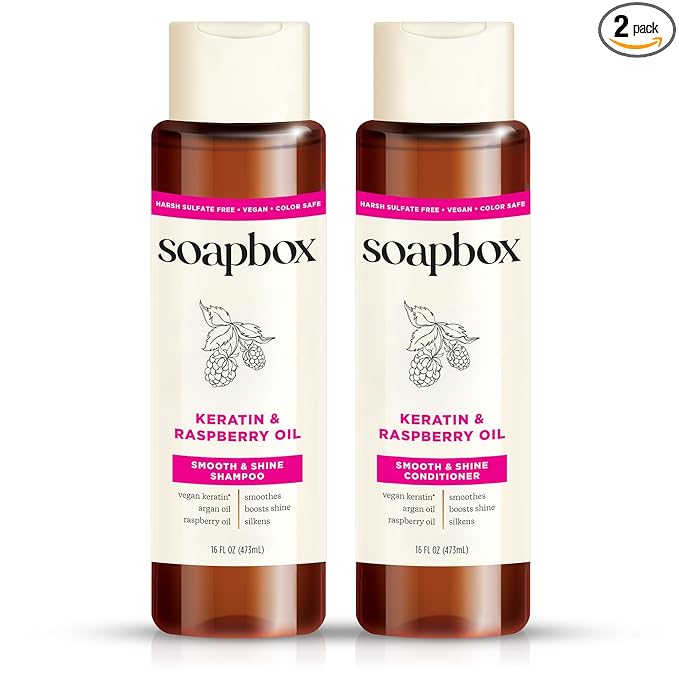 Soapbox Keratin & Raspberry Seed Oil Shampoo & Conditioner Set, Leaves Hair Shiny, Smooth & Glossy - Clean Ingredients Free of Harsh Chemicals, Sulfates, Parabens & Silicones - 16 oz Each