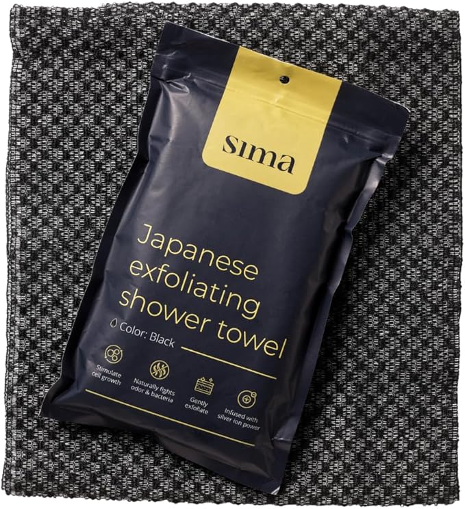 Sima Brand Exfoliating Washcloth Face & Body Scrub Towel - Japanese Exfoliating Towel with Hexagon Fibers, Body Scrubber with 2 Sides for Scrubbing & Washing, Extra Long Body Towels (Black)