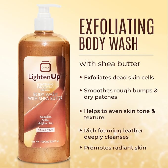 OMIC Lighten-Up LightenUp Exfoliating Body Wash - 33.8 Fl oz / 1000 ml - Formulated to Exfoliate and to Nourish Skin, with Shea Butter, Papaya