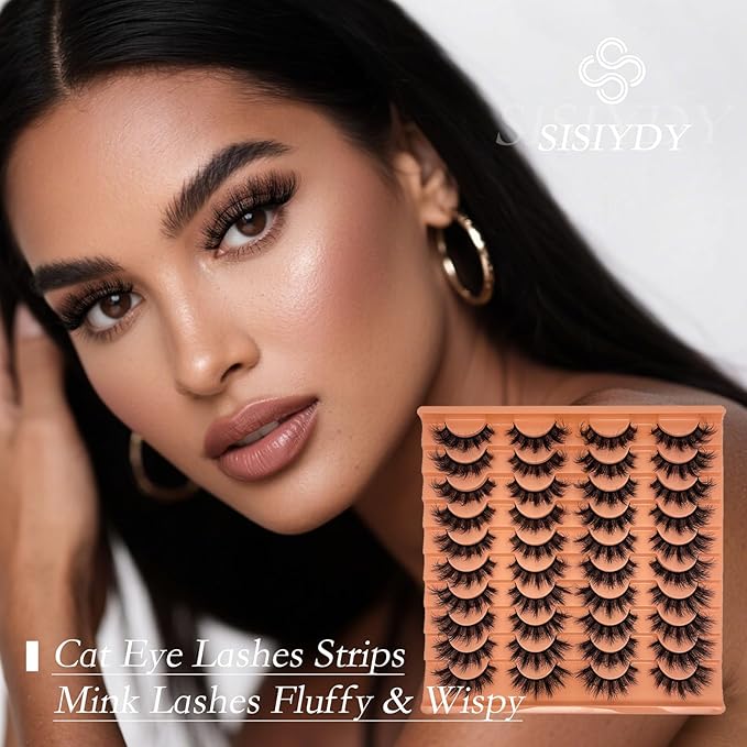 Mink Lashes Fluffy Cat Eyelashes Wispy Dramatic Volume 3D EyeLash D Curl 18mm Full Strips Lashes Thick That Look Like Extensions False Mink Eyelashes Pack YH304