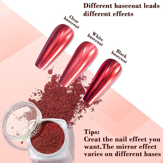 Chrome Nail Powder, Metallic Mirror Effect Chrome Powder Holographic Shimmer Glitter Dust Manicure Decoration Nail Art Pigment for DIY Gel Polish Nail Art, Resin Craft, Salon, Gifts - Red