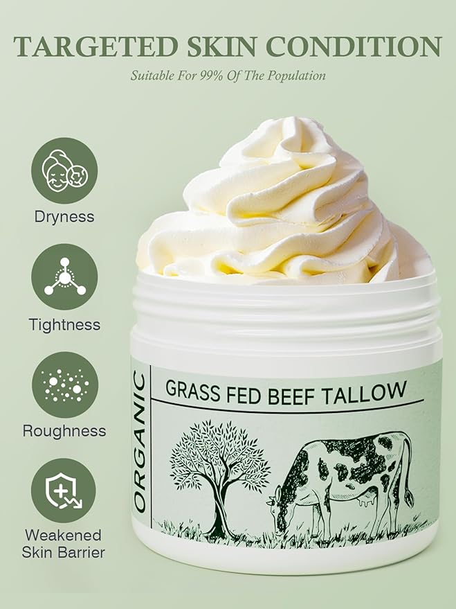 Beef Tallow, Beef Tallow for Skin, Tallow Face Moisturizer, 2 Packs Unscented Beef Tallow Blam Grass Fed Whipped Tallow Face Cream Nourishing Soothing Moisturizer Body Lotion Skin Care