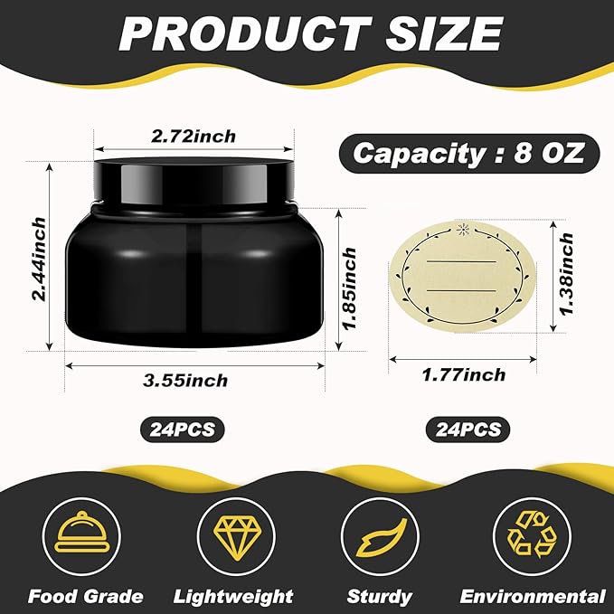 Tessco for you 24 Pack Plastic Jars with Lids Labels Multiuse Slime Containers Empty Body Scrub Jars Round Refillable Cosmetic Body Butter Container for Makeup (8 oz,Black)