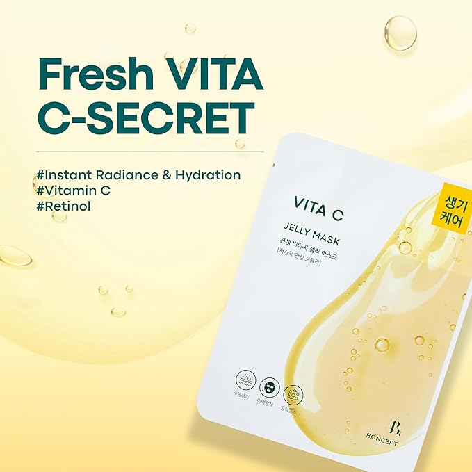 Vita C Jelly Mask - Korean Skin Care for Dark Spots, Brightening, Wrinkles, Elasticity, Hydrating with Vitamin C & Retinol, Biodegradable sheet, 10 ea