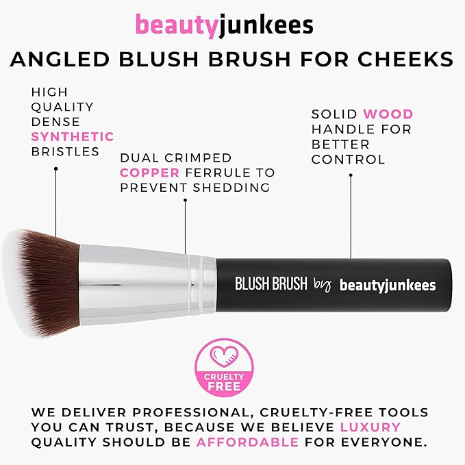 Beauty Junkees Angled Blush Brush for Cream, Liquid, Powder Makeup, Dense Synthetic Bristles to Stipple and Blend for Buildable Pigmented Color