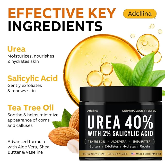 Adellina Urea Cream 40 Percent for Feet Maximum Strength, Urea Foot Cream for Dry Cracked Heels Feet Knees Elbows, 40% Urea Foot Repair Lotion 5.3 OZ