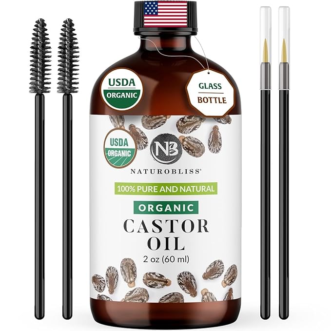 NaturoBliss 100% Pure Organic Castor Oil, Expeller-Pressed, Hexane-Free, Premium Carrier & Beauty Oil for Hair Growth, Eyelashes & Eyebrows, Skin Moisture, with Beauty Starter Kit – 2 oz