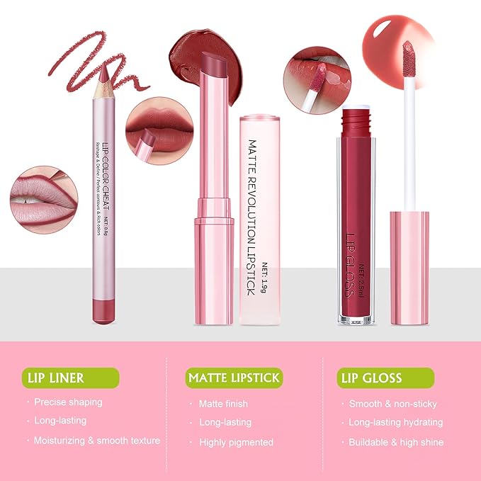 Red Rose Lip Combo Set - Matte Lipstick for Women High Pigment Plumping Lip Liner and Gloss Set Moisturizing Lightweight Liquid Lipstick Smooth Buildable High Shine Daily Lip Makeup Kit