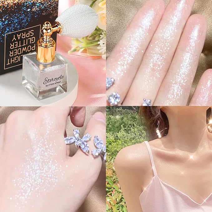 Etercycle Silver Body Glitter Spray, Shimmering Spray Powder Sparkle Powder, Cosmetic Shimmer Makeup Glitter for Hair and Body Face Clothes Nail Art Craft Design Easter Christmas Halloween Crafts