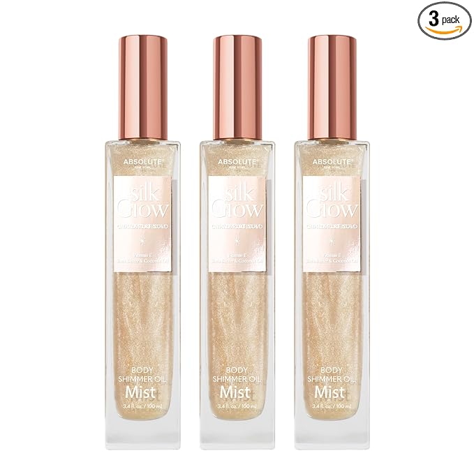 Absolute New York - Silk Glow Shimmer Mist Glow, Radiant, Shimmer Body & Face & Hair, Shea Butter, Coconut Oil, Vitamin E (SBGS03 Chanpagne Gold Mist (Set of 3), 3.4 fl oz)