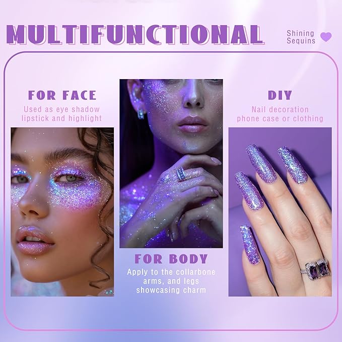 HOSAILY Roll-on Holographic Body Glitter Gel for Face Hair, Chameleon Color Changing Glitter Gel Under Light, Chunky Mermaid Sequins Festival Party Rave Accessories Shimmer Makeup (Purple)