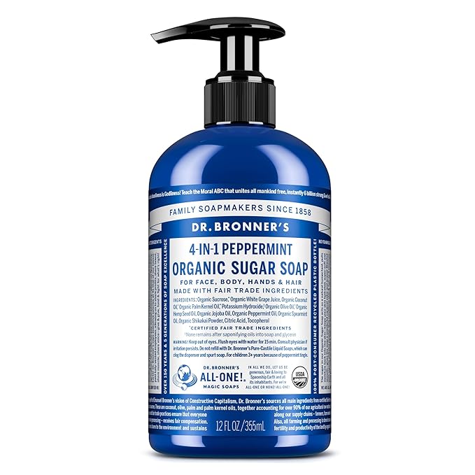 Dr. Bronner's - Organic Sugar Soap (Peppermint, 12 oz) - Made with Organic Oils, Sugar & Shikakai Powder, 4-in-1 Uses: Hands, Body, Face & Hair, Cleanses, Moisturizes & Nourishes, Vegan, Non-GMO