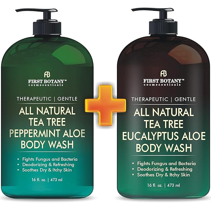 First Botany, All Natural Tea Tree Body Wash Fights Body Odor Athlete's Foot Jock Itch Nail Issues Dandruff Acne Eczema Yeast Infection Shower Gel Eucalyptus & Peppermint Aloe Skin Cleanser 16 X 2 fl